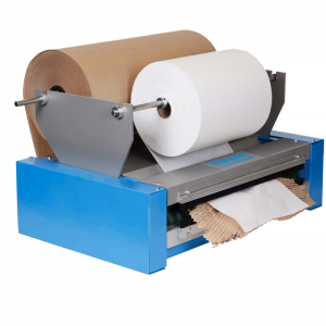 Paper cushioning machine with kraft and white paper rolls